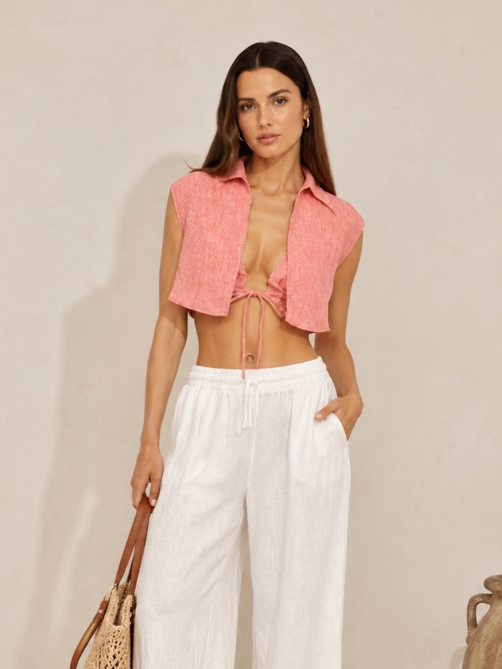 Matthew Bruch Coral Mélange Pink Cropped Tie-Front Vest Top 🦩Linen Blend Resort